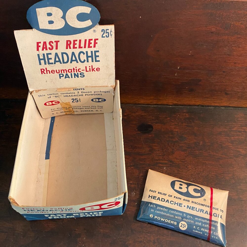 BC Headache Powders vintage store advertising display and one unopened package